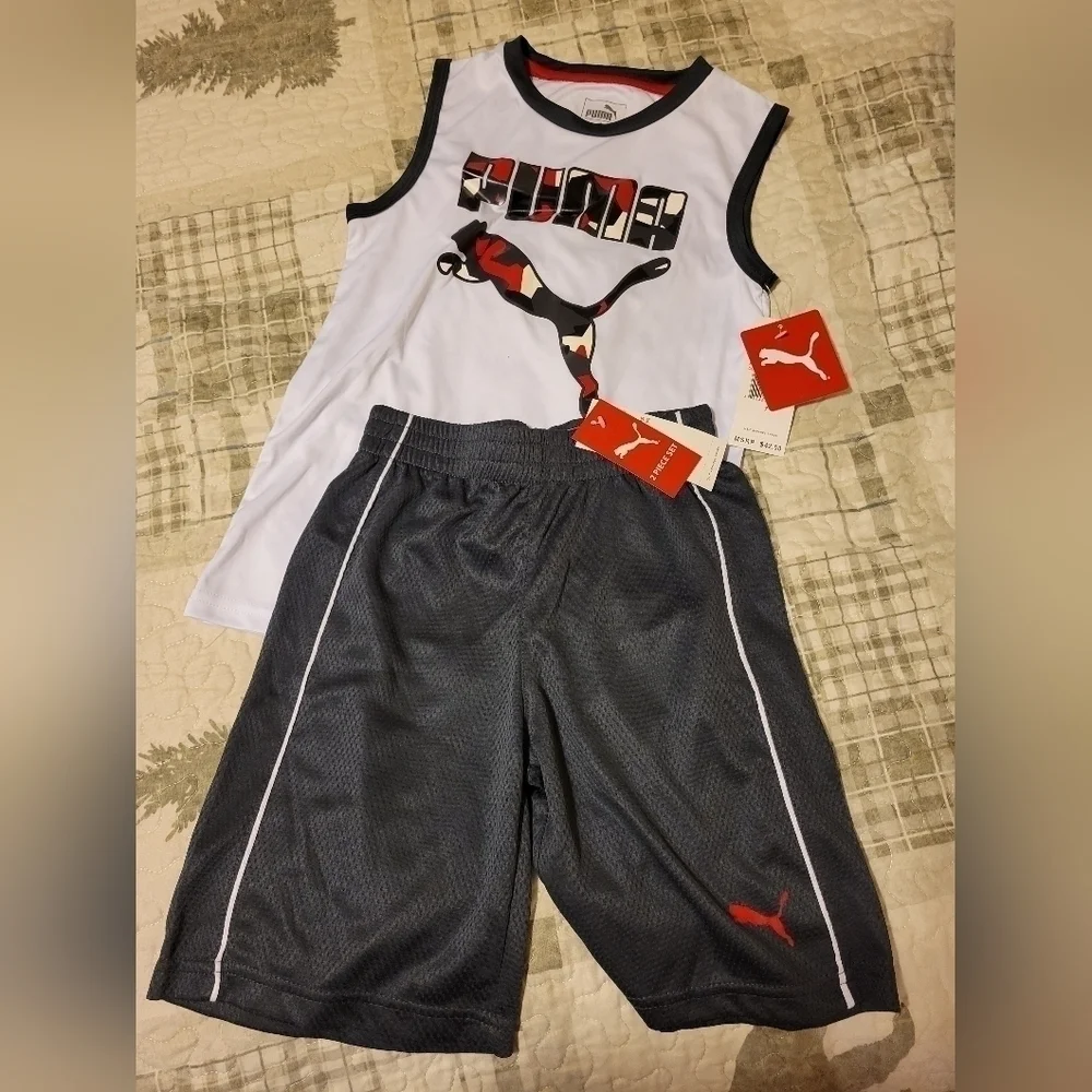 Puma NWT black, white, and red boys 2 piece tank & shorts set 7 kids